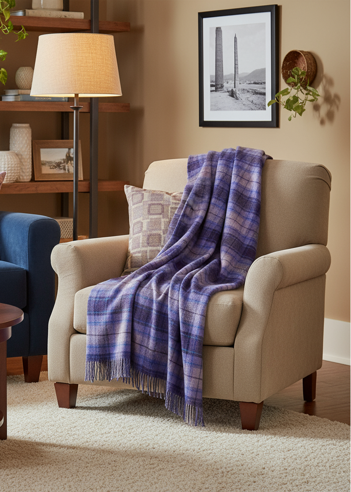 John Hanly Lambswool Throw | Purple Violet Blue Check
