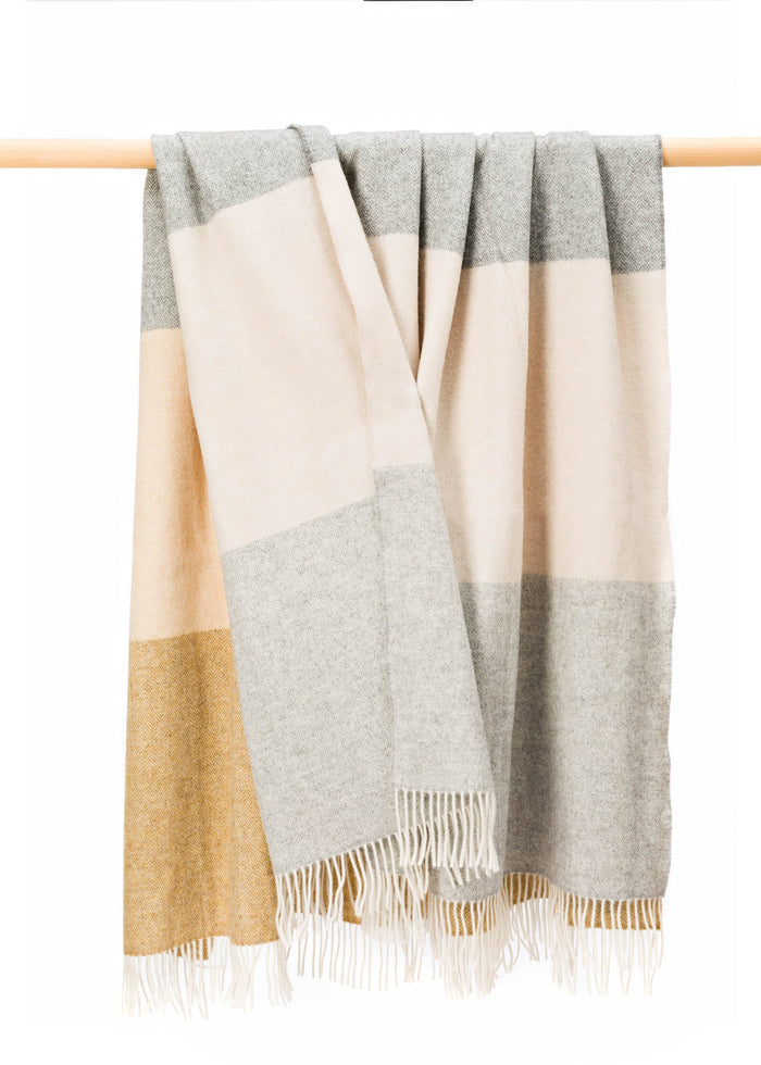 John Hanly Large Lambswool Blanket | Camel Beige Stripe