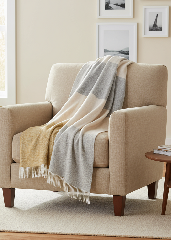 John Hanly Large Lambswool Blanket | Camel Beige Stripe