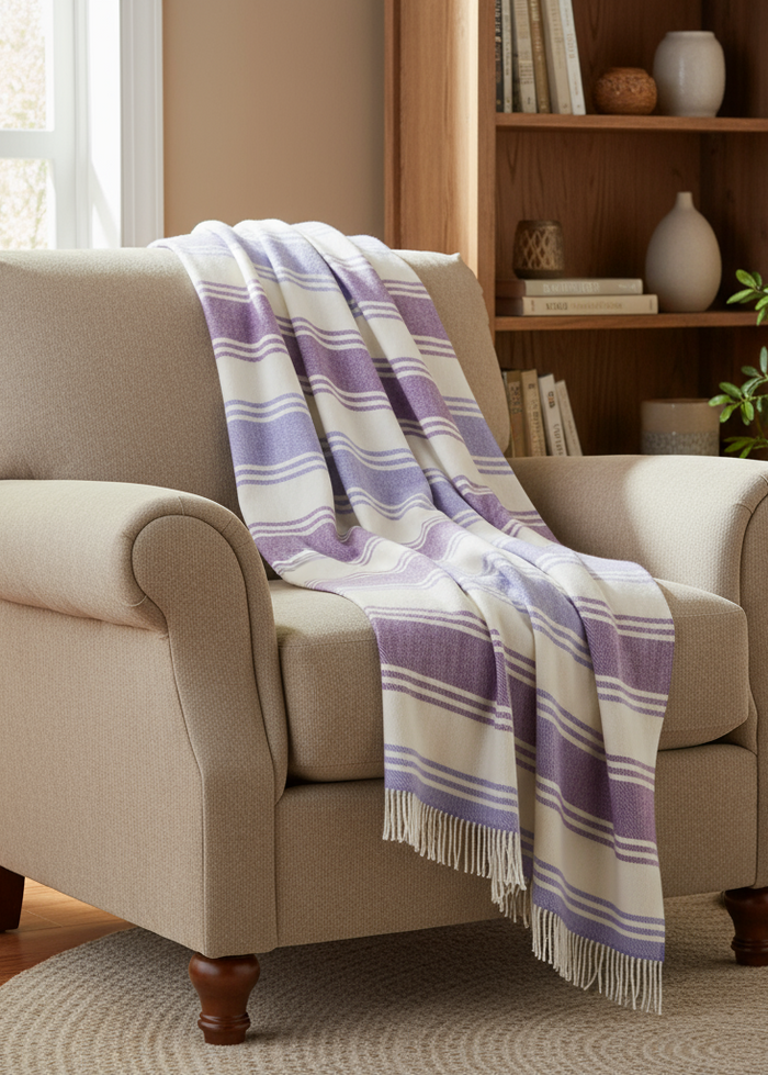 John Hanly Large Lambswool Blanket | Lilac Purple White Stripe