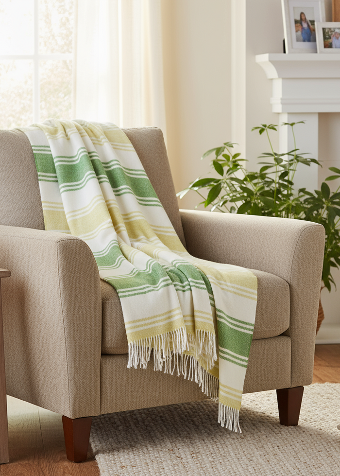 John Hanly Large Lambswool Blanket | Lime Green White Stripe