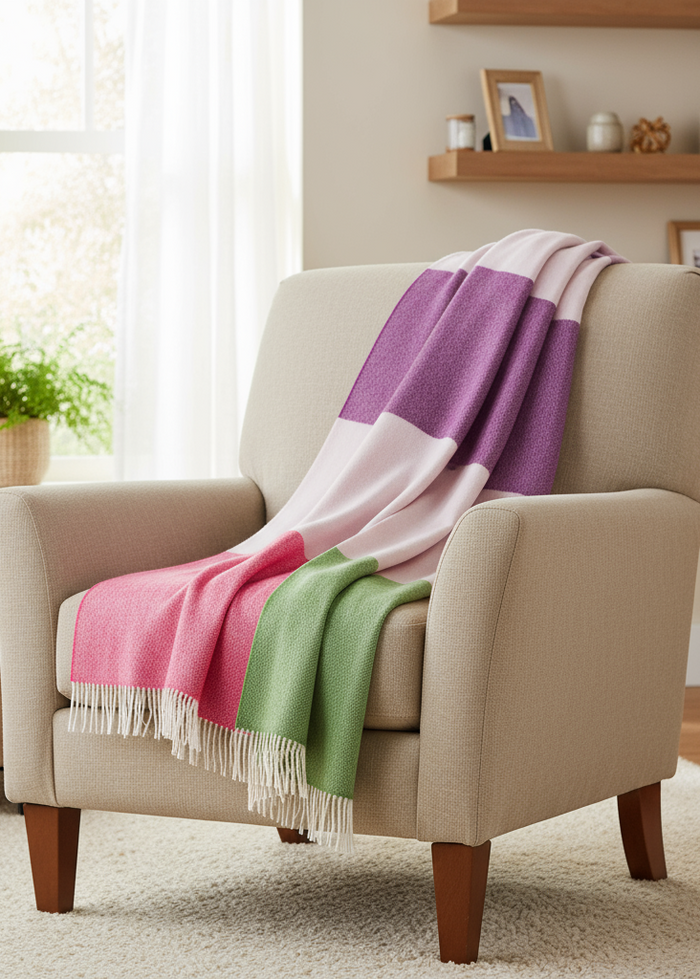 John Hanly Large Lambswool Blanket | Pink Green Purple Stripe