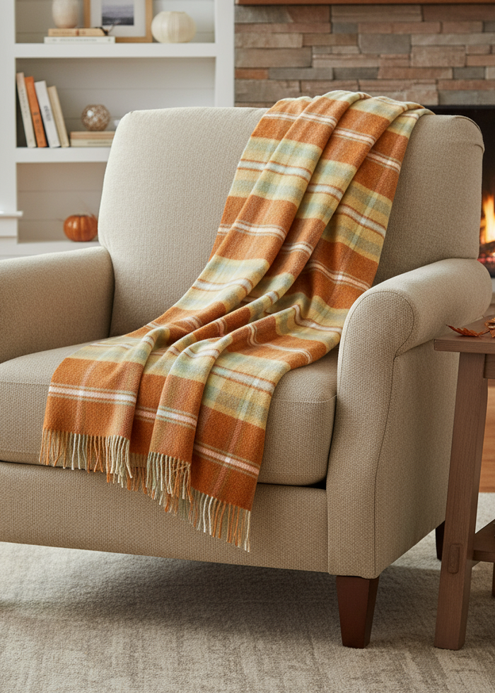 John Hanly Large Lambswool Throw | Orange Rust Plaid