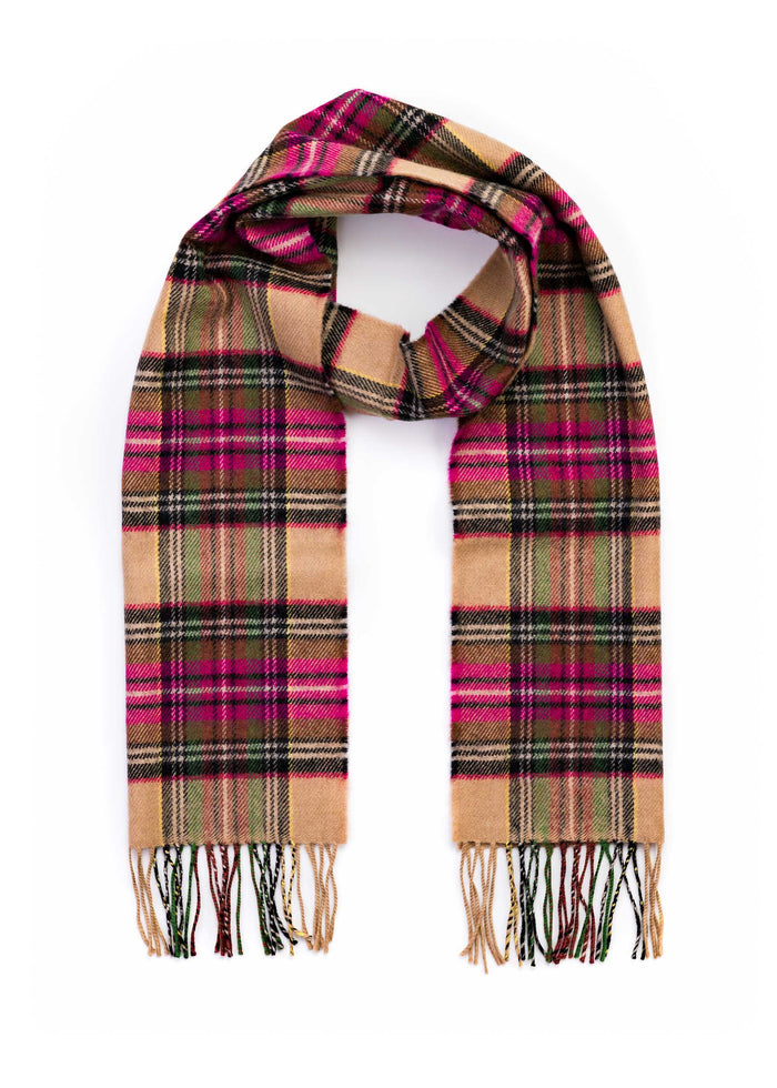 John Hanly Merino Scarf | Pink Brown Charcoal Camel Check