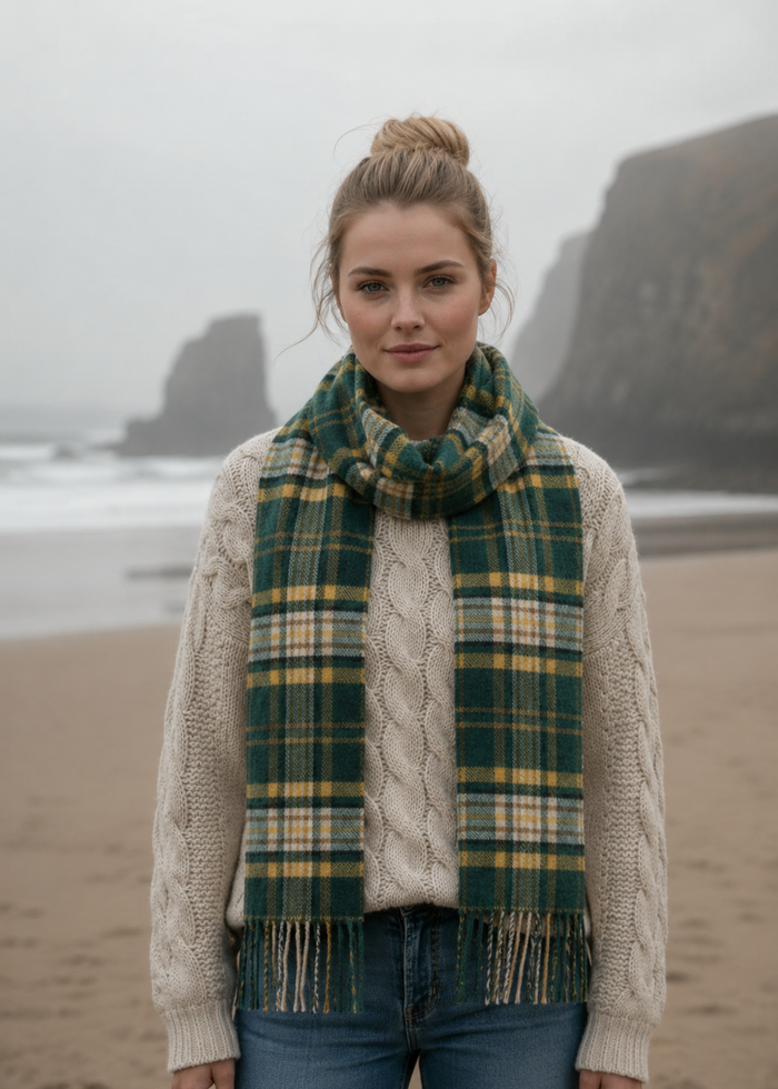John Hanly Yellow Green Mix Check Lambswool Scarf