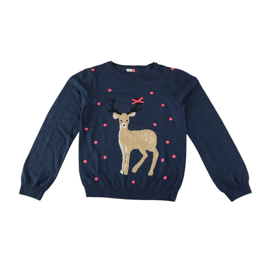 John Lewis festive jumper 11-12 years navy blue pink polka dot reindeer
