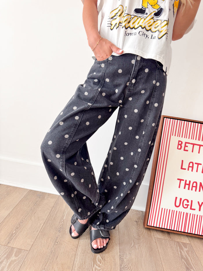 Peach Love Jordan Black Wash Polka Dot Barrel Denim – women's denim