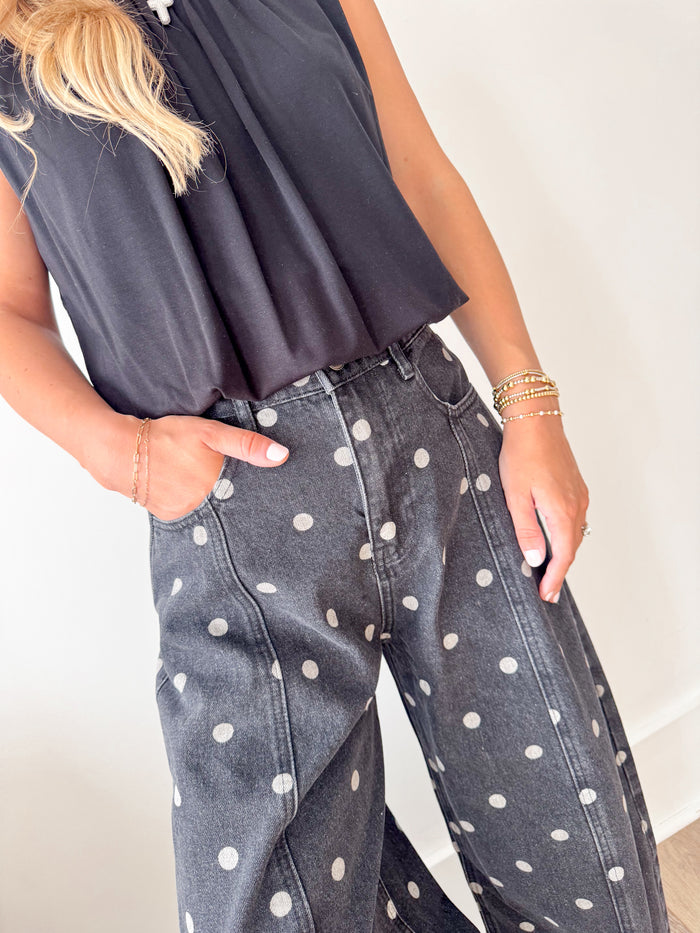 Peach Love Jordan Black Wash Polka Dot Barrel Denim – women's denim