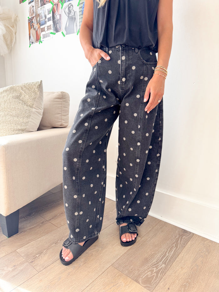 Peach Love Jordan Black Wash Polka Dot Barrel Denim – women's denim