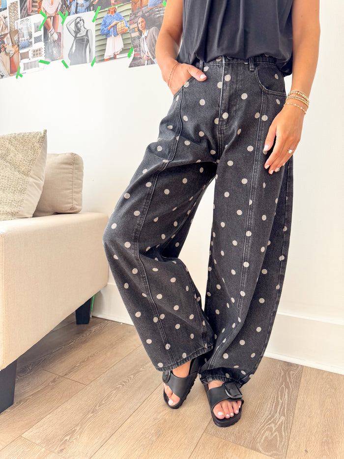Peach Love Jordan Black Wash Polka Dot Barrel Denim – women's denim
