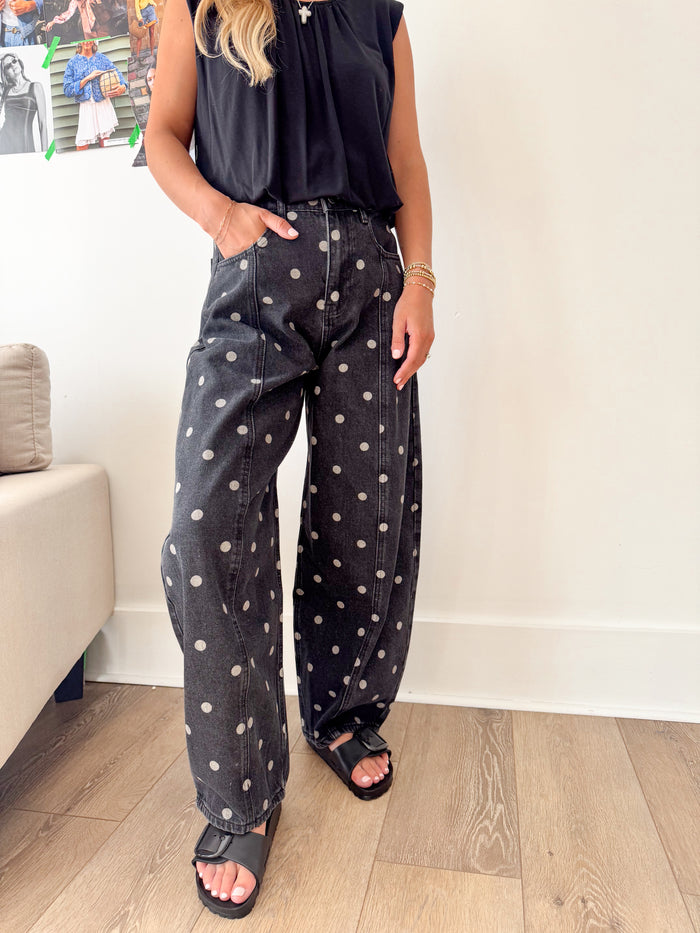 Peach Love Jordan Black Wash Polka Dot Barrel Denim – women's denim