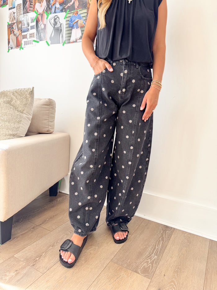 Peach Love Jordan Black Wash Polka Dot Barrel Denim – women's denim