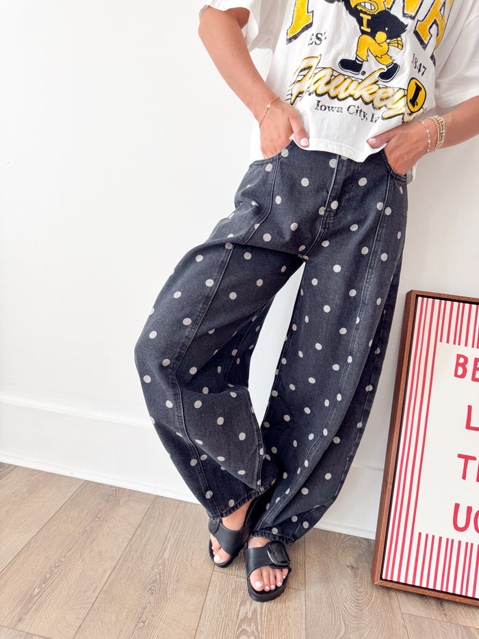 Peach Love Jordan Black Wash Polka Dot Barrel Denim – women's denim