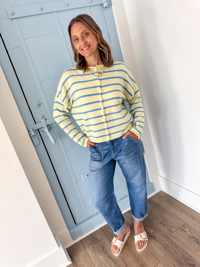Kiarra Yellow Cardigan with Blue Stripe