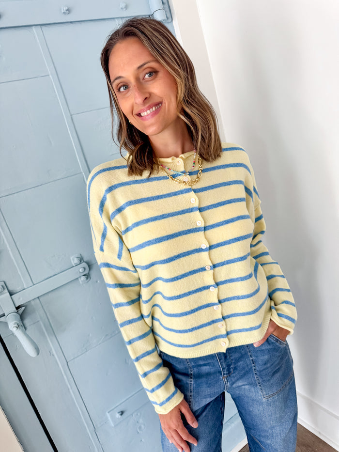 Kiarra Yellow Cardigan with Blue Stripe