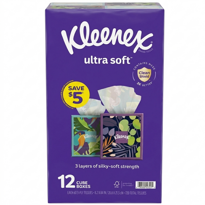 Kleenex ultra soft tissues packaging with purple background