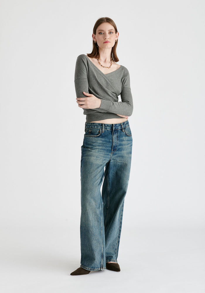 Knitted Wrap Top with Long Sleeves in Light Grey Front
