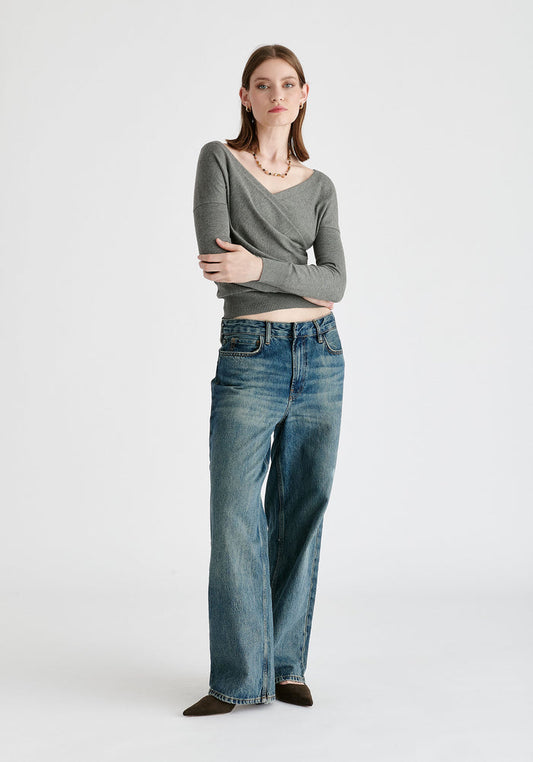 Knitted Wrap Top with Long Sleeves in Light Grey Front
