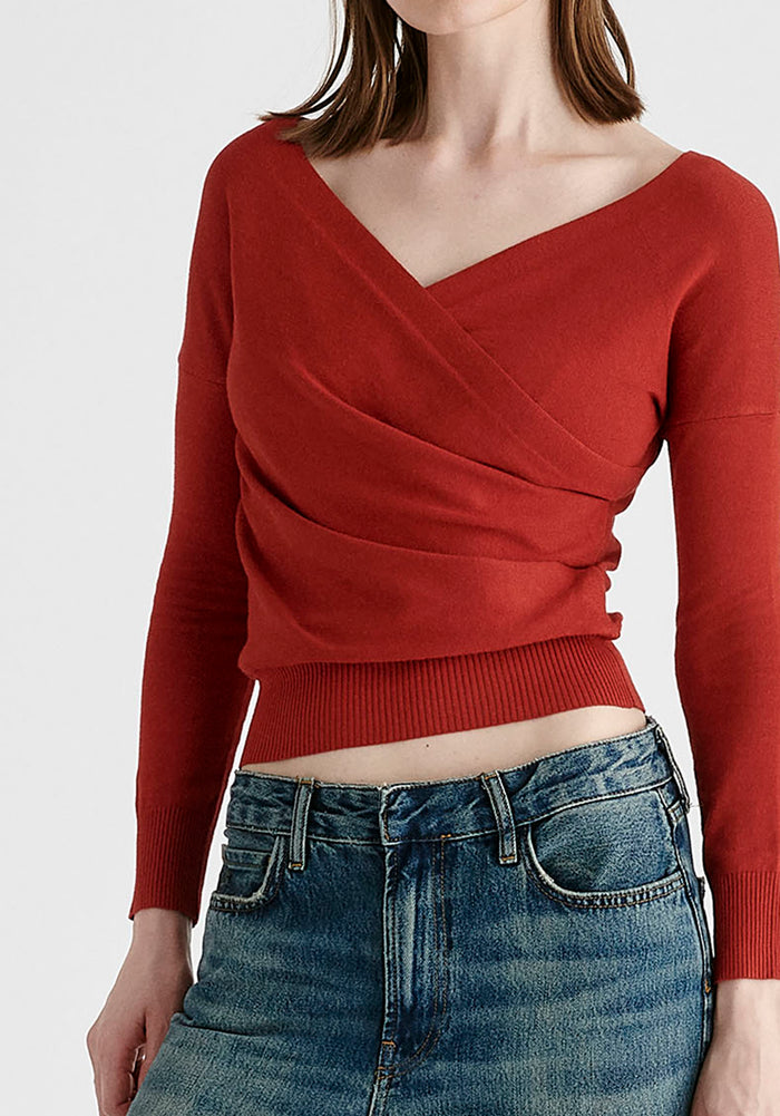 Knitted Wrap Top with Long Sleeves in Red Closeup