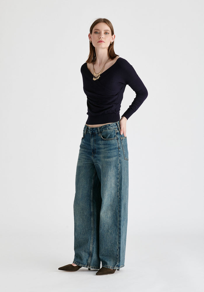 Knitted Wrap Top with Long Sleeves in Navy Side