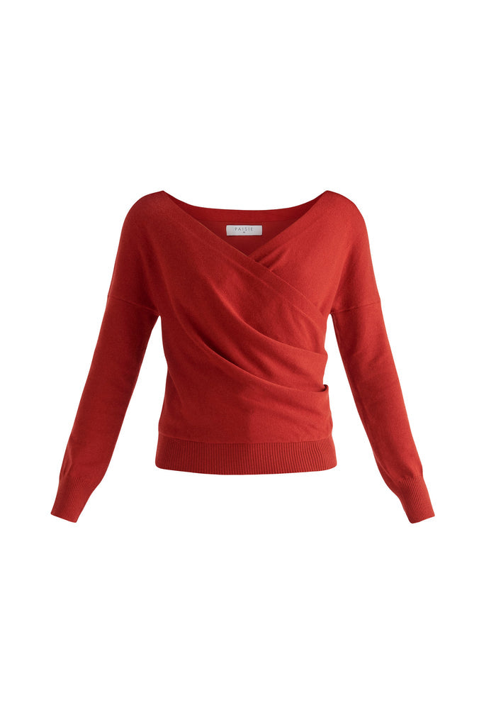 Paisie Long Sleeve Knit Wrap Top in Red Cut Out