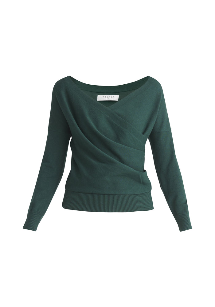 Paisie Long Sleeve Knit Wrap Top in Green Cut Out