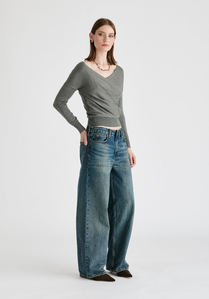 Knitted Wrap Top with Long Sleeves in Light Grey Front