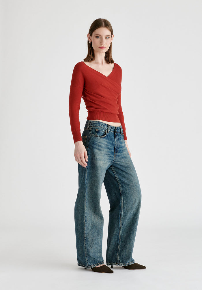 Knitted Wrap Top with Long Sleeves in Red Side
