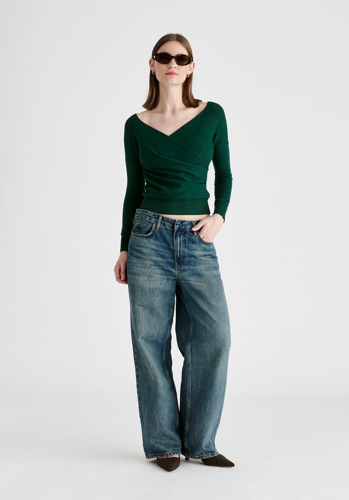 Knitted Wrap Top with Long Sleeves in Dark Green Front