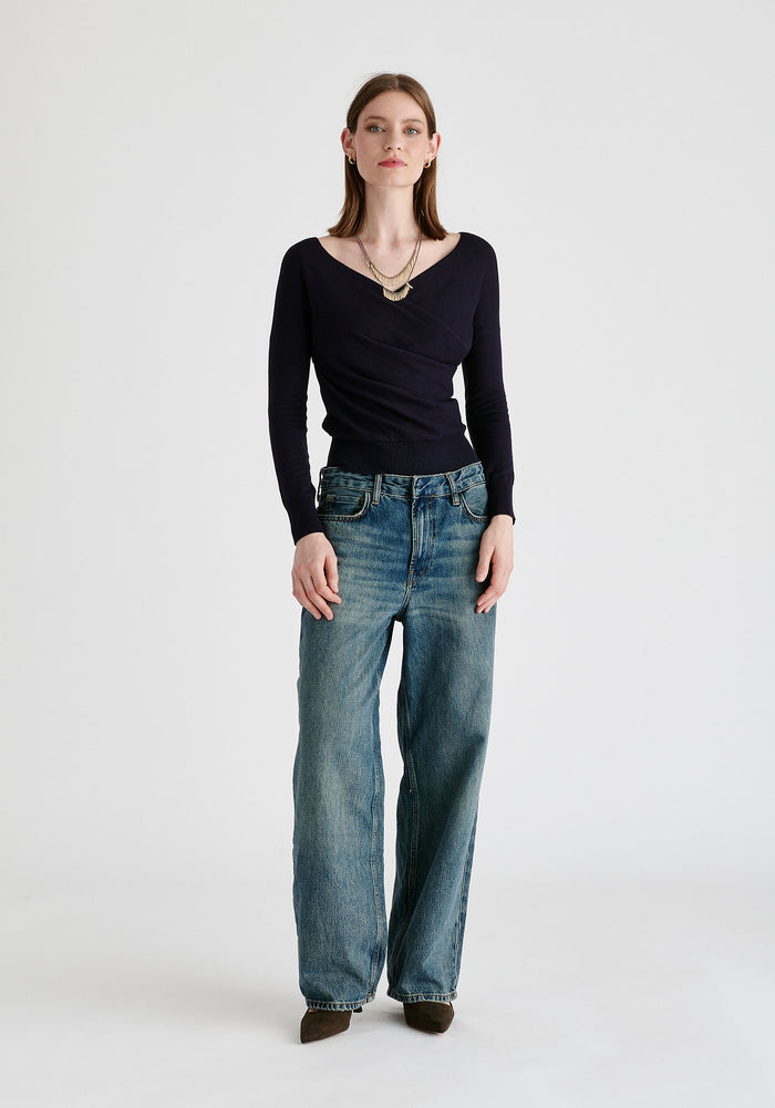 Knitted Wrap Top with Long Sleeves in Navy ront