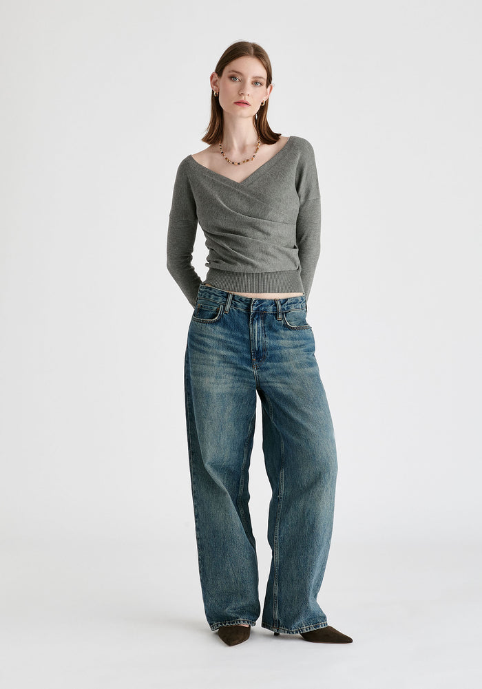 Knitted Wrap Top with Long Sleeves in Light Grey Front