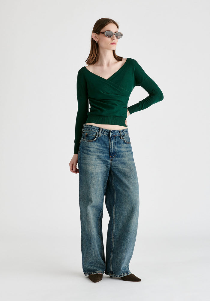 Knitted Wrap Top with Long Sleeves in Dark Green Front