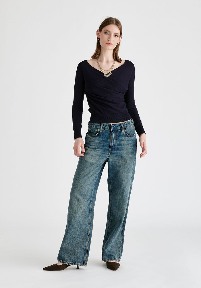 Knitted Wrap Top with Long Sleeves in Navy Front