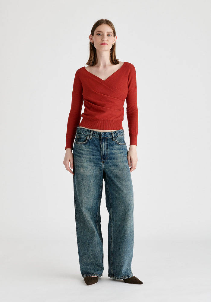 Knitted Wrap Top with Long Sleeves in Red Front
