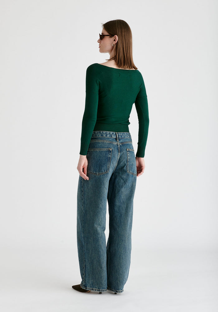 Knitted Wrap Top with Long Sleeves in Dark Green Back