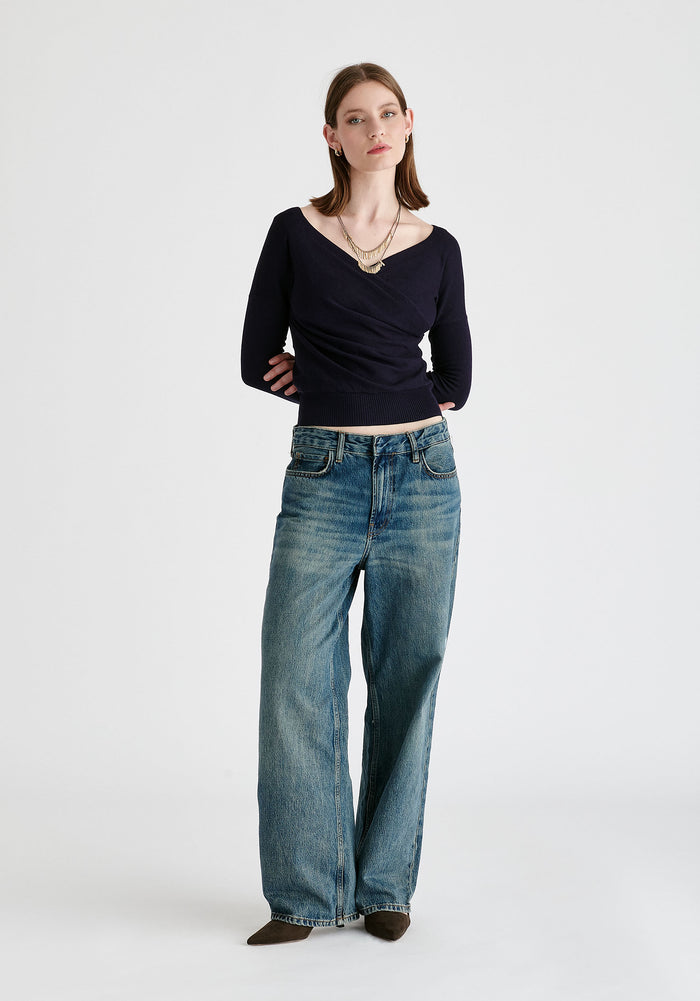 Knitted Wrap Top with Long Sleeves in Navy Front