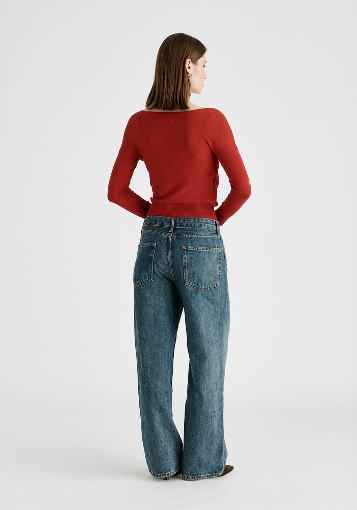 Knitted Wrap Top with Long Sleeves in Red Back