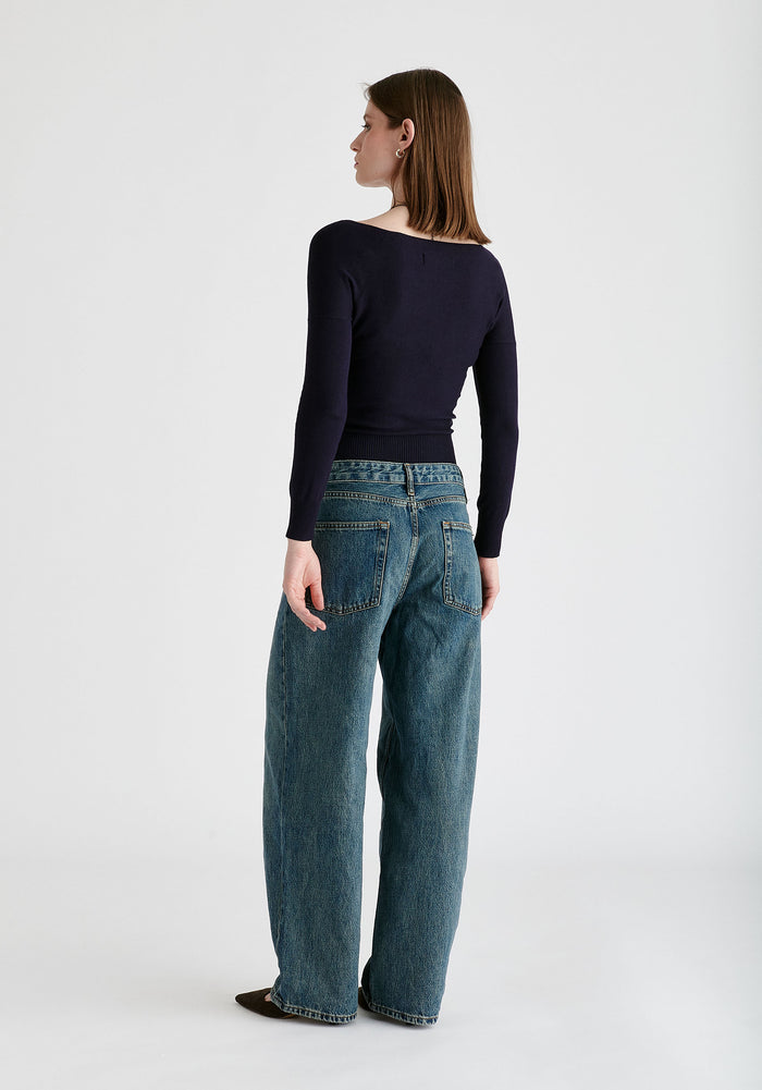 Knitted Wrap Top with Long Sleeves in Navy Back