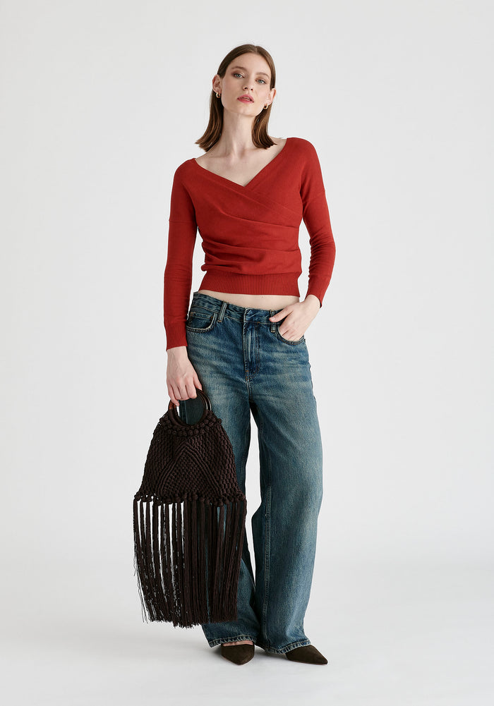 Knitted Wrap Top with Long Sleeves in Red Front