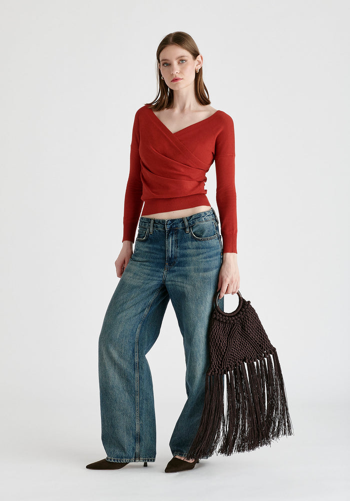 Knitted Wrap Top with Long Sleeves in Red Side