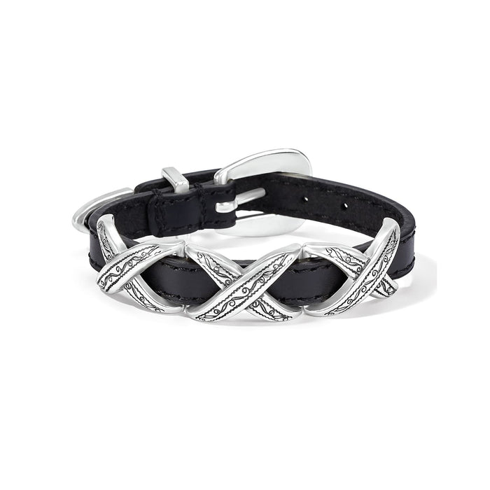 Brighton black leather bracelet with silver-plated engraved X-shaped links and buckle closure on a white background