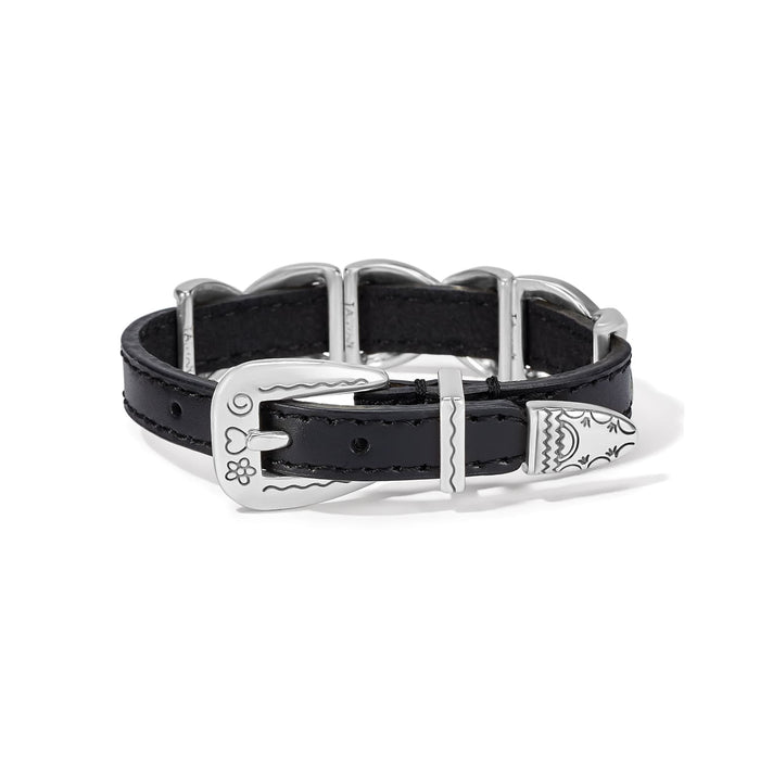 Brighton black leather bracelet with engraved silver-plated buckle closure and decorative metal accents on a white background