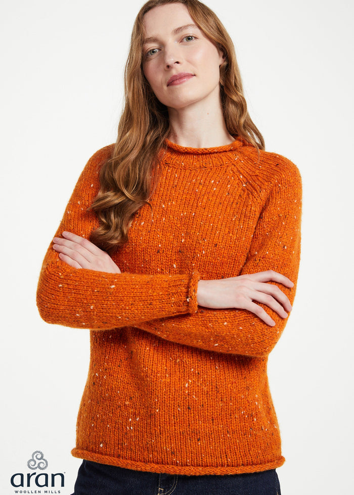 Ladies Donegal Roll Neck Sweater - Orange | 100% Wool Knitwear