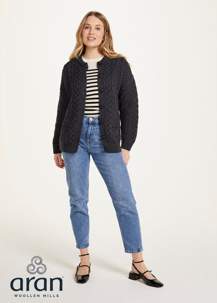 Achill Island Ladies Aran Cardigan | Charcoal