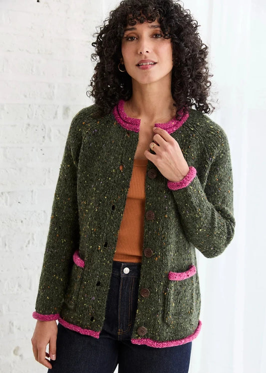 Ladies Raglan Donegal Tweed Cardigan - Green/Pink