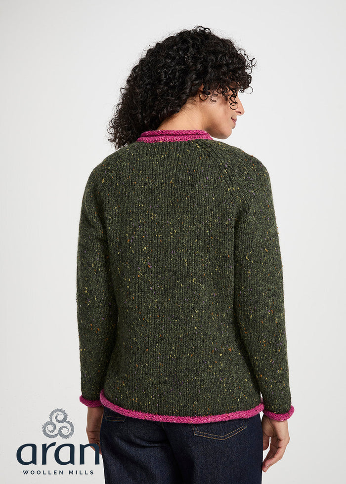 Ladies Raglan Donegal Tweed Cardigan - Green/Pink