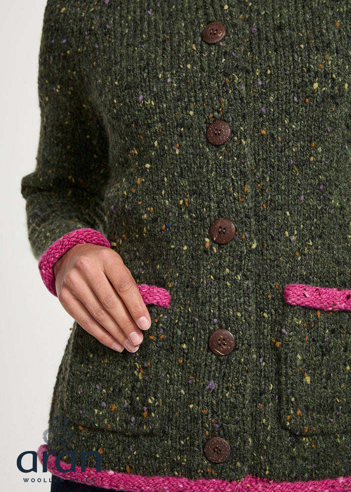 Ladies Raglan Donegal Tweed Cardigan - Green/Pink