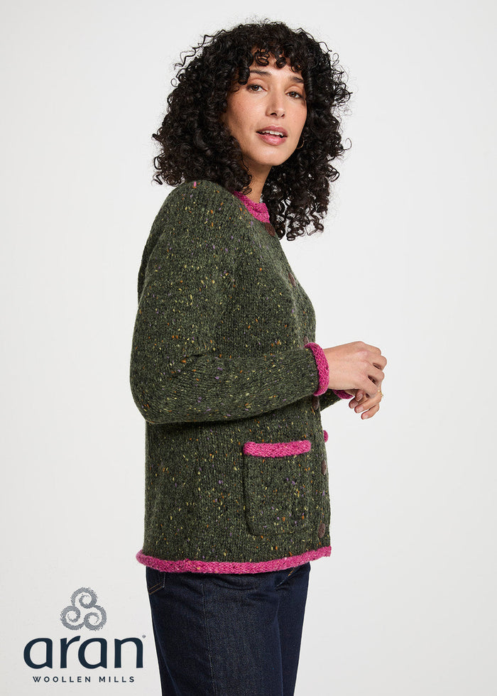 Ladies Raglan Donegal Tweed Cardigan - Green/Pink