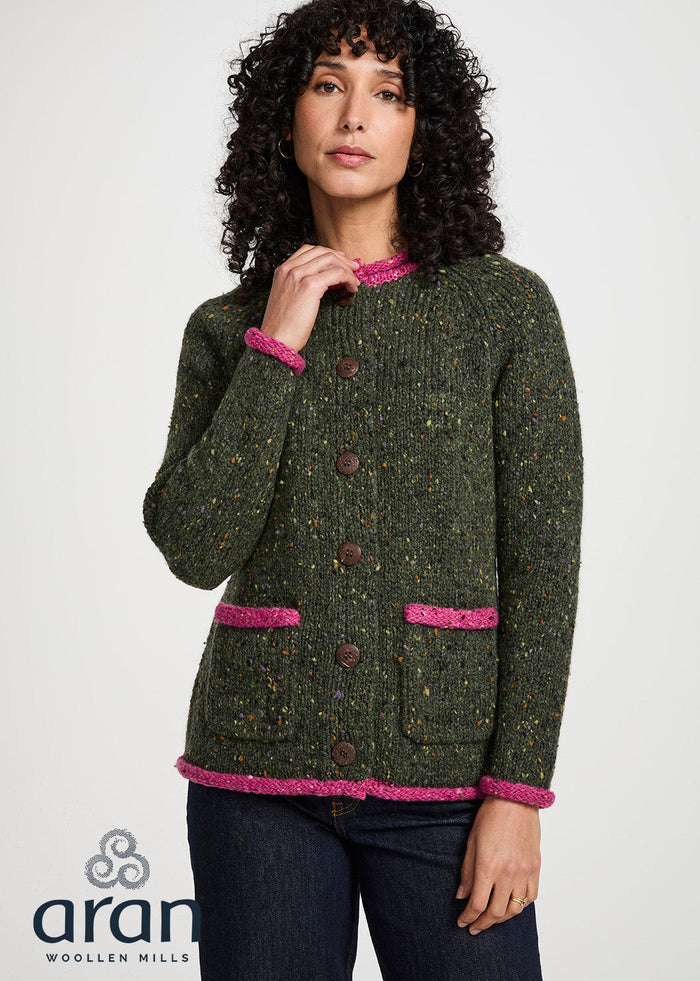 Ladies Raglan Donegal Tweed Cardigan - Green/Pink