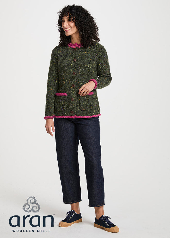 Ladies Raglan Donegal Tweed Cardigan - Green/Pink